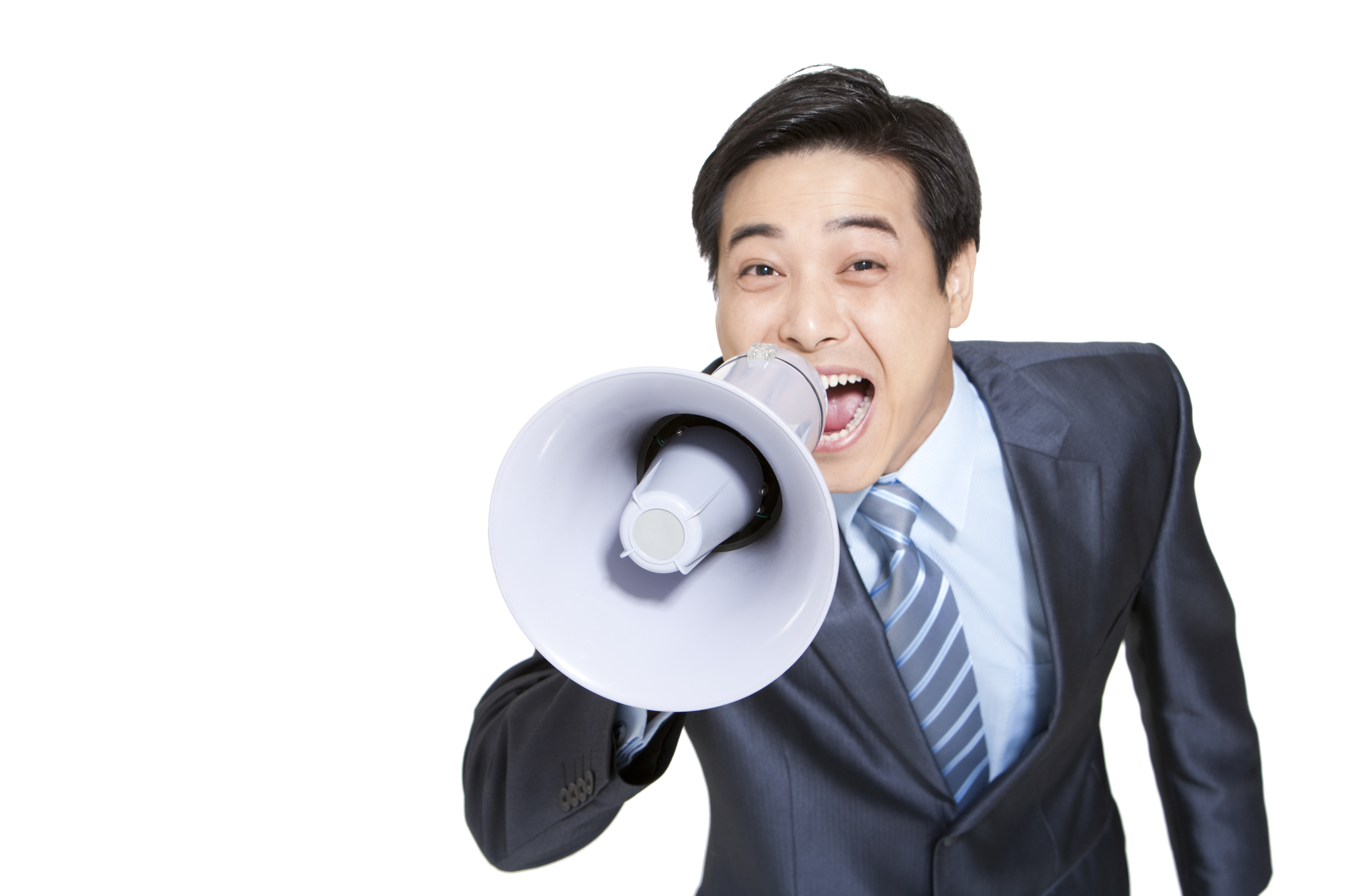 Portrait of a Chinese businessman shouting into a megaphone